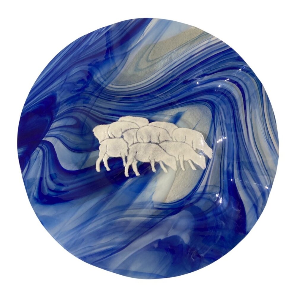 Large Blue And White Swirled Fused Glass Sheep Lamb Flock Plate Bowl 13"